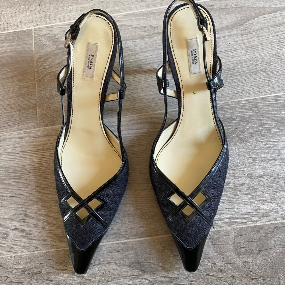 Prada slingbacks with patent leather and fabric